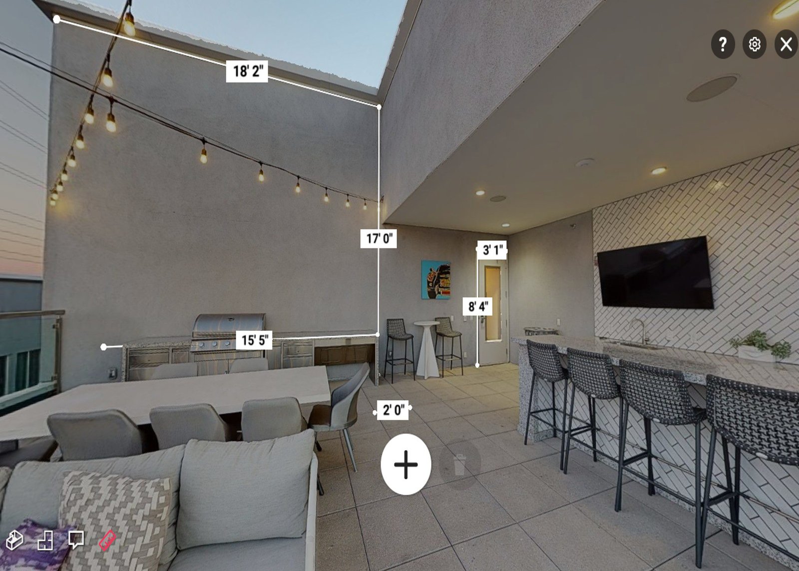 Matterport measurement tool showing precise room dimensions
