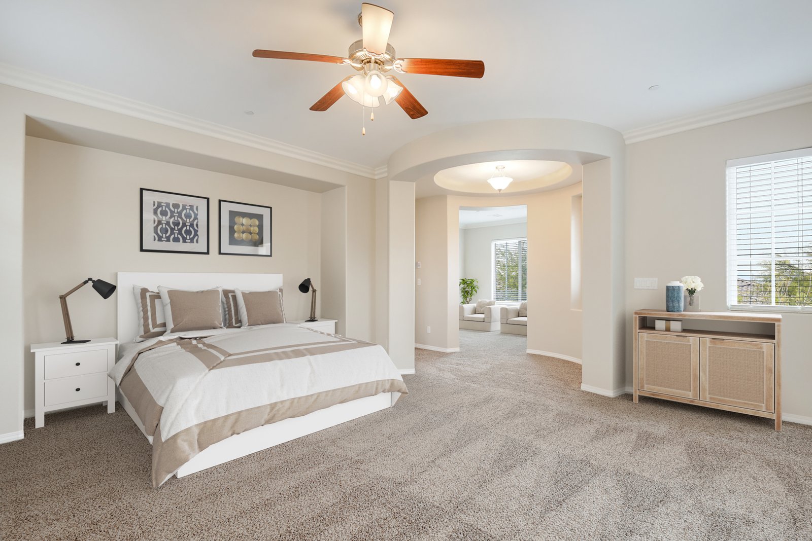 Master bedroom after virtual staging with bed and furniture