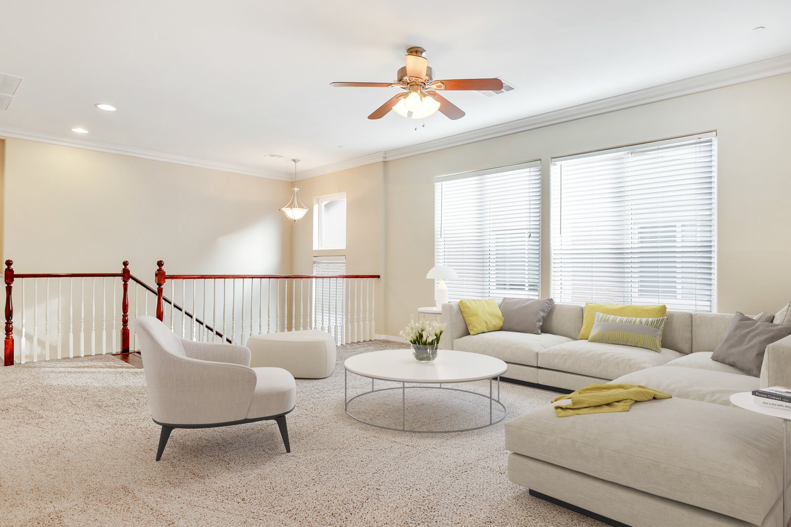 Loft after virtual staging with a desk and seating